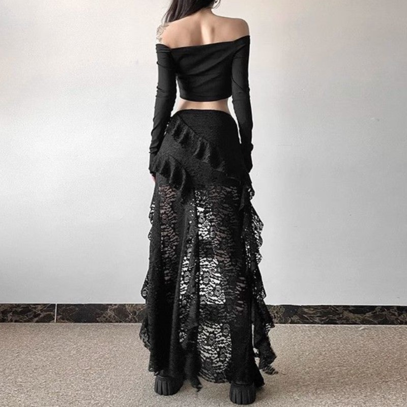 Jupe gothique années 2000, vêtements d'été pour femmes, Gyaru Kpop Streetwear, dentelle, taille haute, décontractée, esthétique, longue jupe, jupe femme, hip hop