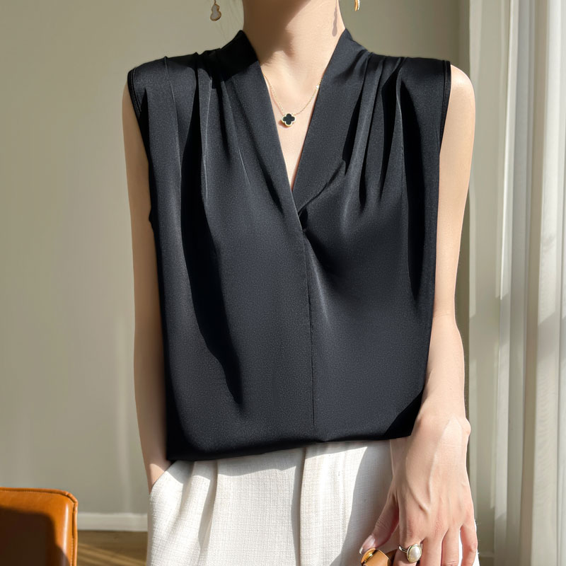 Femmes hauts Blouses couleur unie blanc Satin Blouse bureau chemise Blusas sans manches femmes chemises noir blanc femme YTM A31
