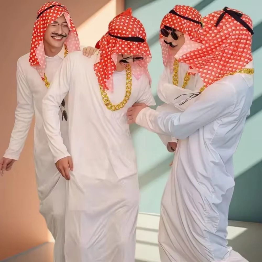 Robe blanche, costume arabe, foulard rouge, ensemble de cosplay, robe arabe, faux collier en or, robe de scène de style Dubaï moyen-oriental