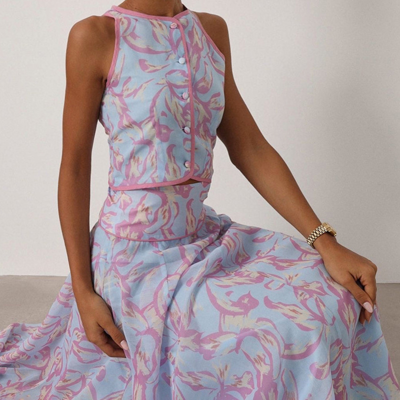 Nouvel ensemble bohème d'été sans manches, imprimé tendance, élégant pour les fêtes, ensemble pour femmes, haut à col rond boutonné et jupe longue
