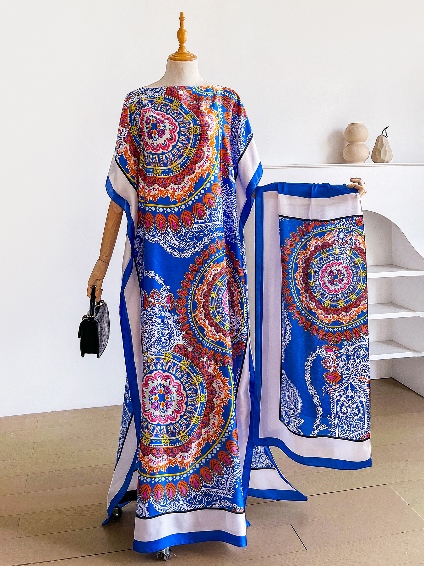 Abaya Dubai à imprimé mandala paisley avec foulard assorti, col bateau, manches chauve-souris, kaftan maxi ample pour femmes musulmanes africaines