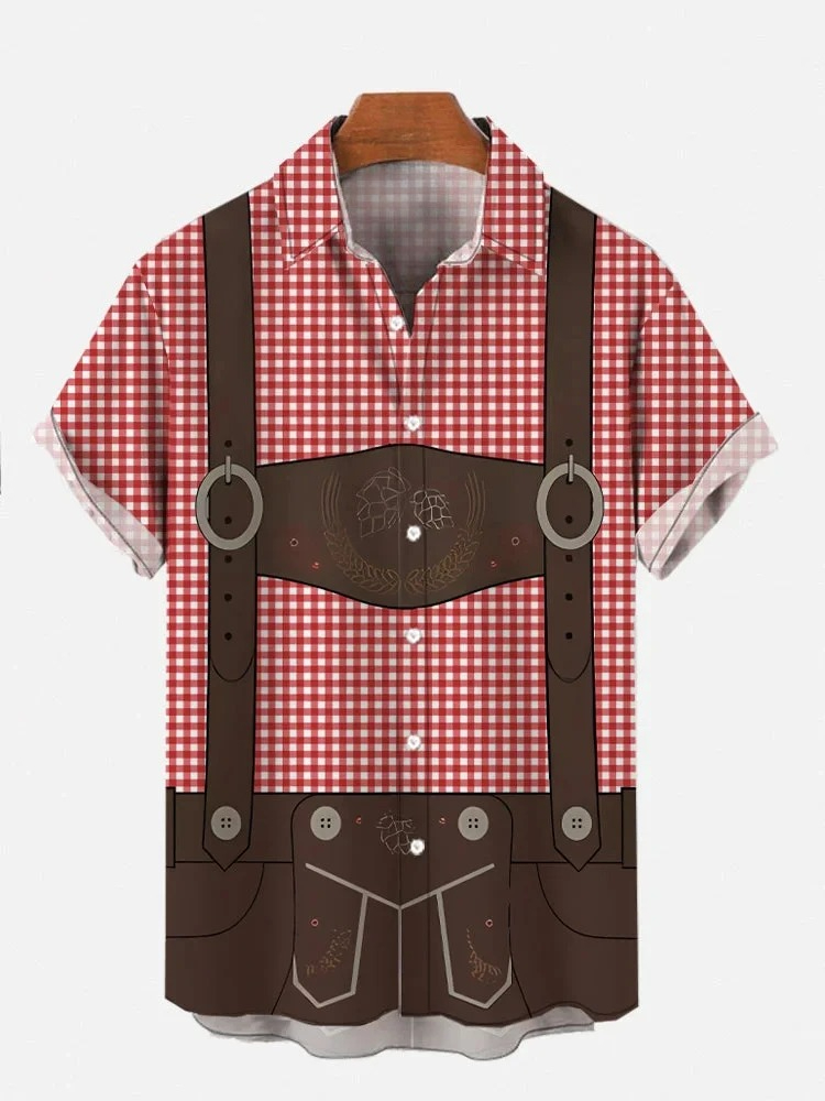 Chemises Hawaïennes à Manches Courtes pour Hommes, Nouveauté, Imprimé Complet, Motif Carreaux Bleus Classiques et Style Salopette, pour la Plage et l'Oktoberfest