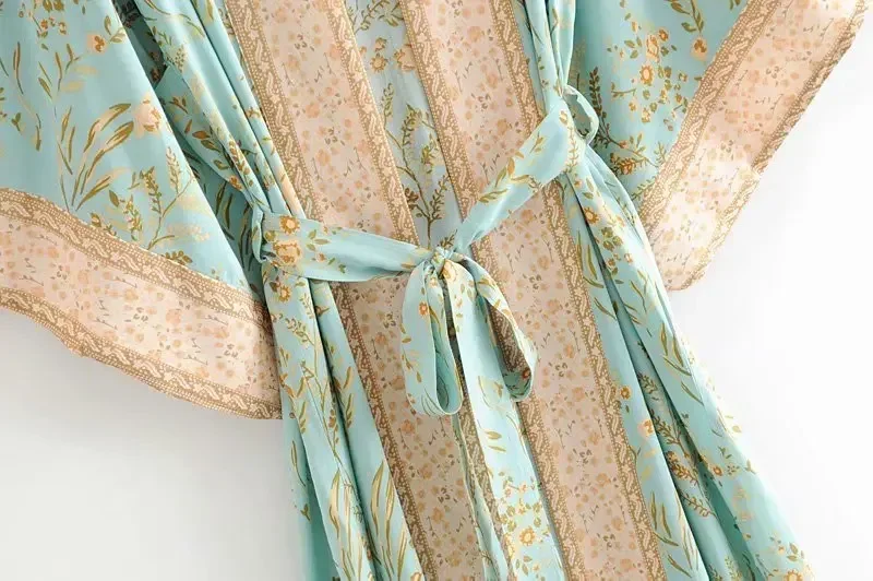 Boho Dinner ens Fashion-Kimono de plage pour femmes, imprimé floral vert, manches chauve-souris, rayonne, bohème, col en V, robe Boho, couvertures de bikini