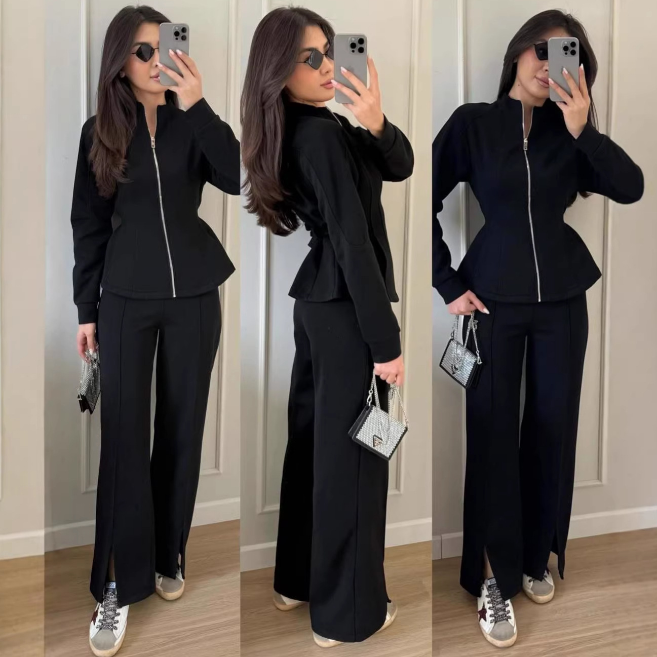 Ensemble de survêtement 2 pièces pour femme : veste à col montant zippée et pantalon fendu – Collection Printemps 2026