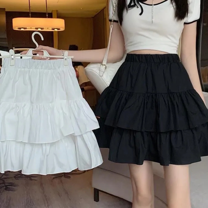 Jupe trapèze plissée pour femmes, blanche, à volants, à plusieurs niveaux, joli Style, taille élastique, Slim, basique, robe coréenne Harajuku, été