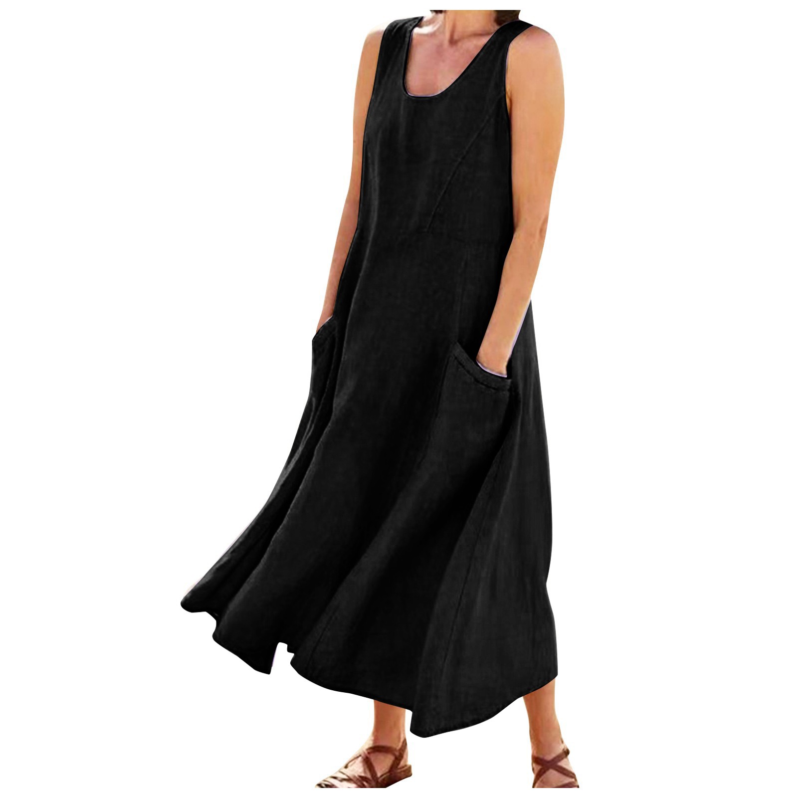 Robe longue vintage en coton et lin pour femme, tenue d'été solide, style bohème, avec poches, grande taille 5XL