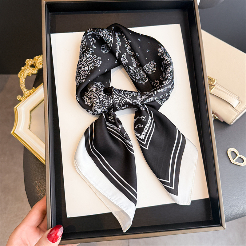 Foulard en soie noir imprimé de luxe pour femme, doux, en satin, carré, foulard de sac à main, foulard de créateur en soie