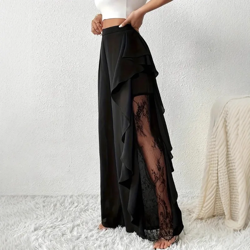 Pantalon à jambes larges pour femme, automne, volants épissés, dentelle, maille transparente, noir irrégulier, élégant, bureau, banlieue, à plusieurs niveaux