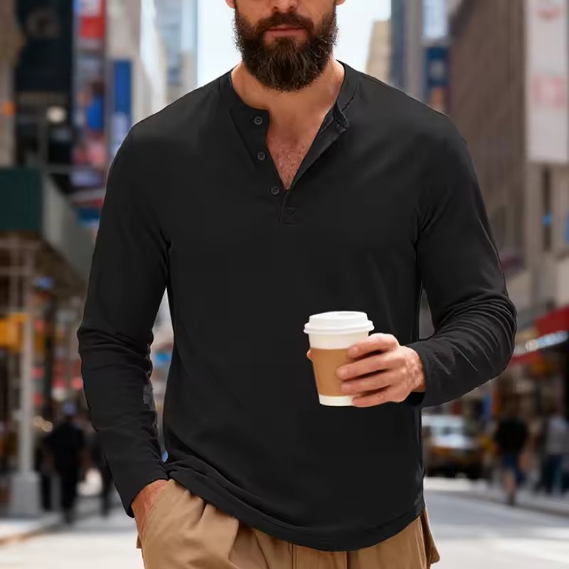 T-shirt Henley à manches longues pour homme, collection Printemps-Automne 2026, couleur unie, décontracté, pour le quotidien