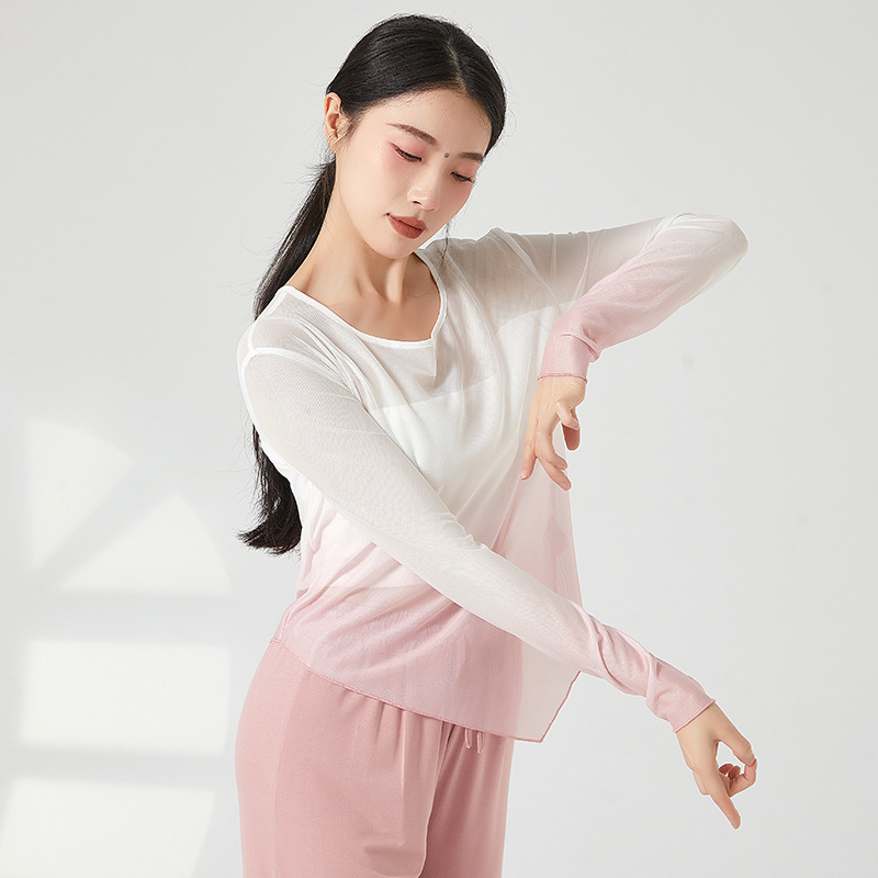 Chemisier en maille de gaze à manches longues pour femmes, haut de danse classique, costume de pratique moderne, ourlet coudé, t-shirt décontracté, document nickel é