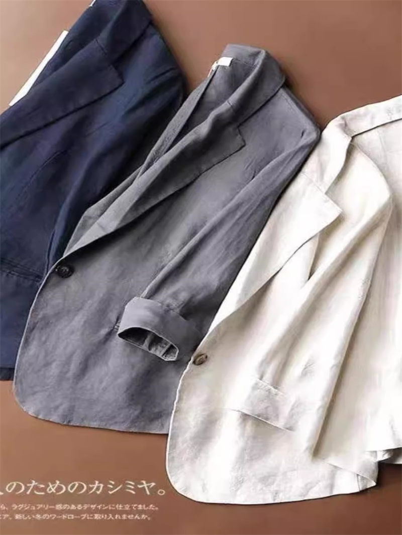 Veste de costume pour femmes, mode d'été 2025: Blazer court en coton et lin respirant et haut à manches 4/5, vêtements de bureau minimalistes G674