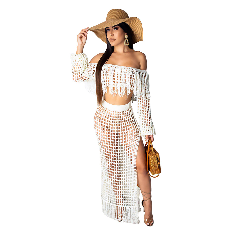 Ensemble deux pièces en tricot pour femmes, jupe longue fendue, taille haute, col en Y, mince, amissié, élégant, dame, plage