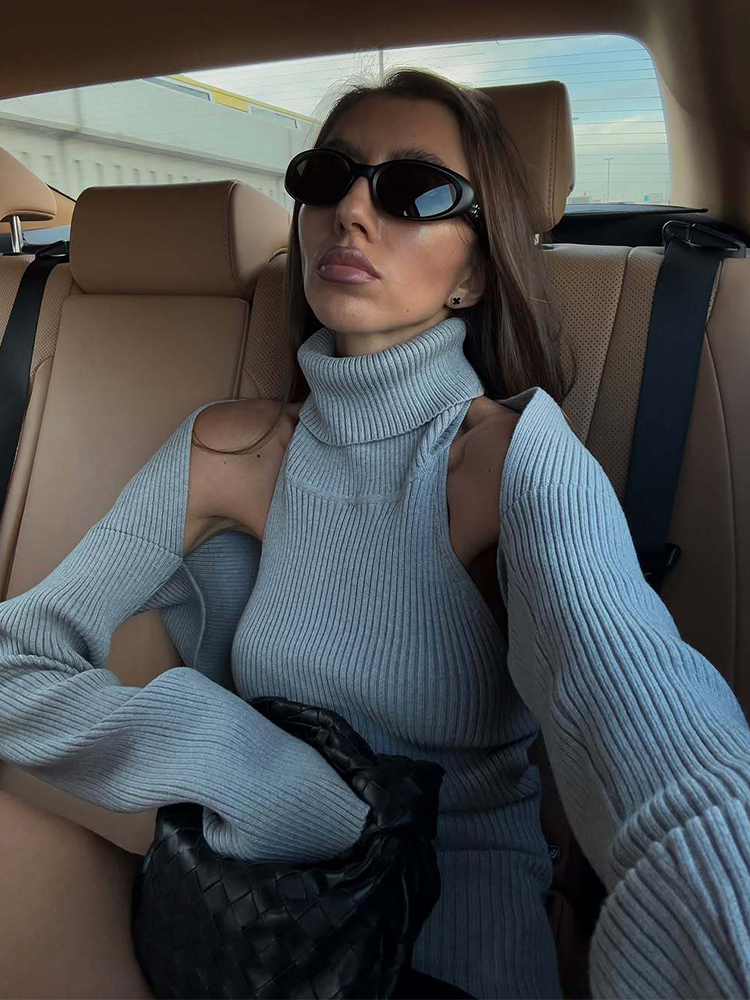 Ensemble sexy 2 pièces pour femmes : pull à col roulé et châle, tricot côtelé, manches longues, dos nu, style Y2k, streetwear automne-hiver