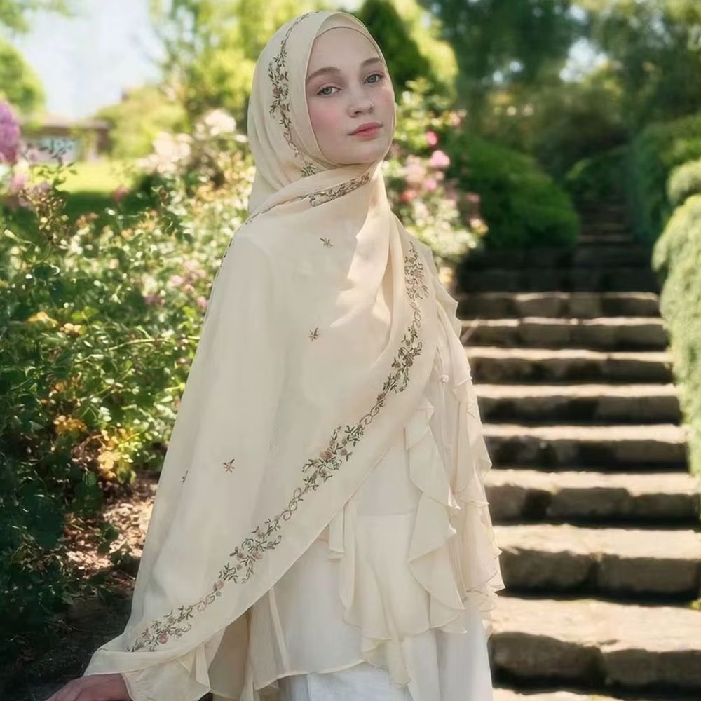Hijab en Chiffon Brodé Tendance Musulmane, Longue Écharpe Florale pour Femme, Foulard Islamique Ramadan Uni, Turban, Voile de Tête 170*70cm