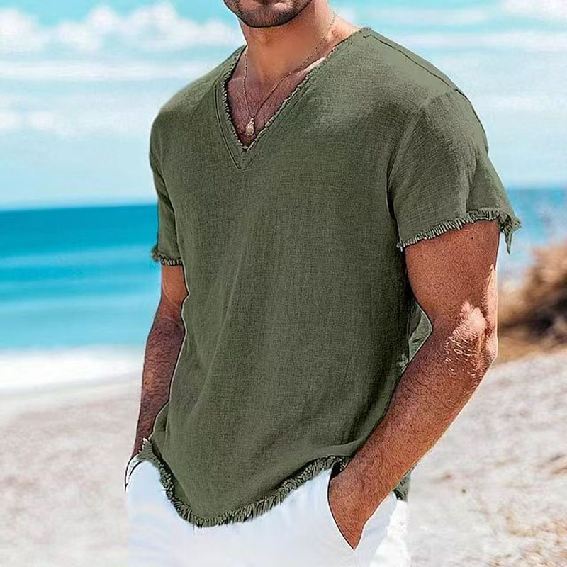 Mode d'été hommes coton lin chemises Vintage solide décontracté ample gland hauts col en v T-shirts à manches courtes T-shirts chemises pour homme