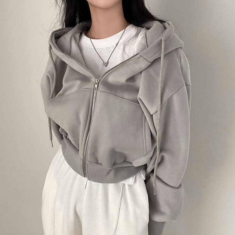 Chemise à capuche coréenne pour femmes, mode doublure polaire, sweat à capuche ample, fermeture éclair, manches longues, hauts courts, vestes Harajuku, manteaux, sweat-shirt