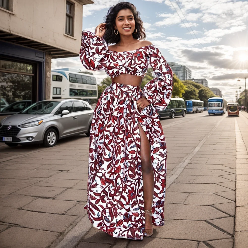 Jupe Maxi à Col Slash et Manches sulfpour Femme, Ensemble Deux Pièces, Mode Nationale Africaine, Sexy, Fente Haute, Vêtements Africains