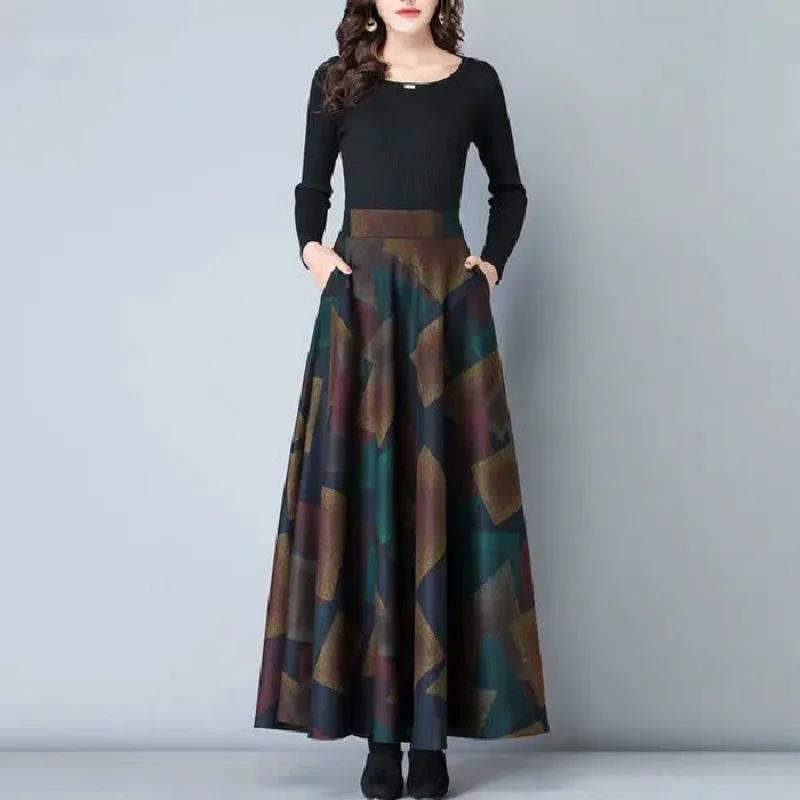 Jupe trapèze longue mi-longue en laine à carreaux taille haute pour femme, grande taille, mode automne-hiver, vêtements décontractés pour femme