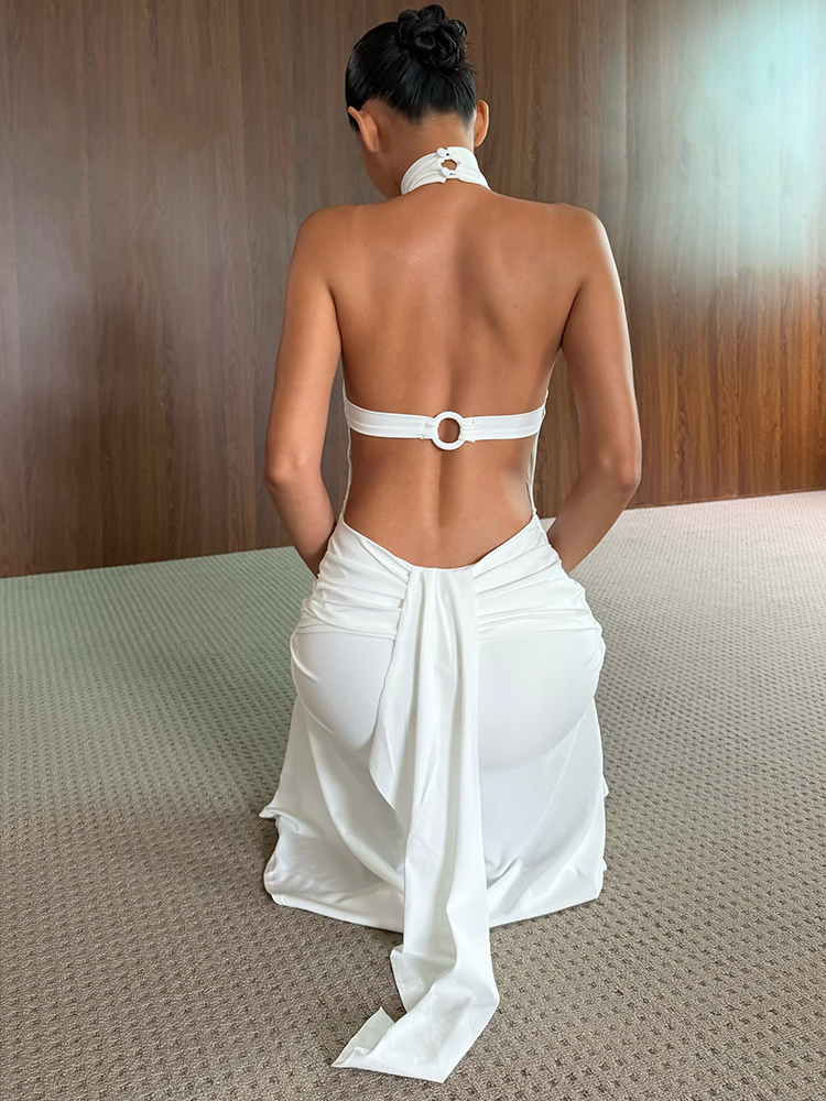 Whatiwear Robe Femmes Ruché Halter Col Roulé Sexy Dos Nu De Mode Classique Perle Patchwork Ruban Tendance Party Club Longue Moulante