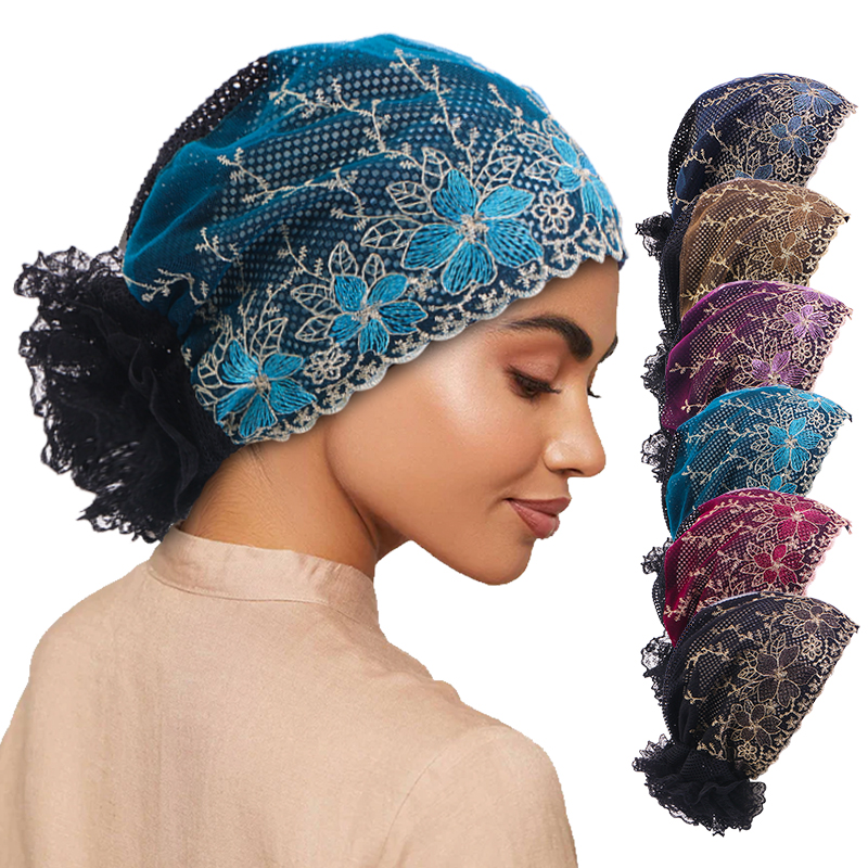 Nouveau turban en dentelle noire respirante pour femmes, chapeau en dentelle florale, foulard musulman, couvre-chef islamique