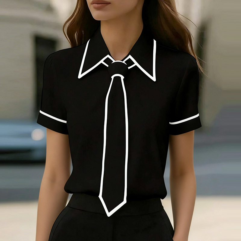 Chemisier de bureau pour femme, chemise à manches courtes, chemisier boutonné d'été pour femme, chemisier élégant en soie blanc et bleu