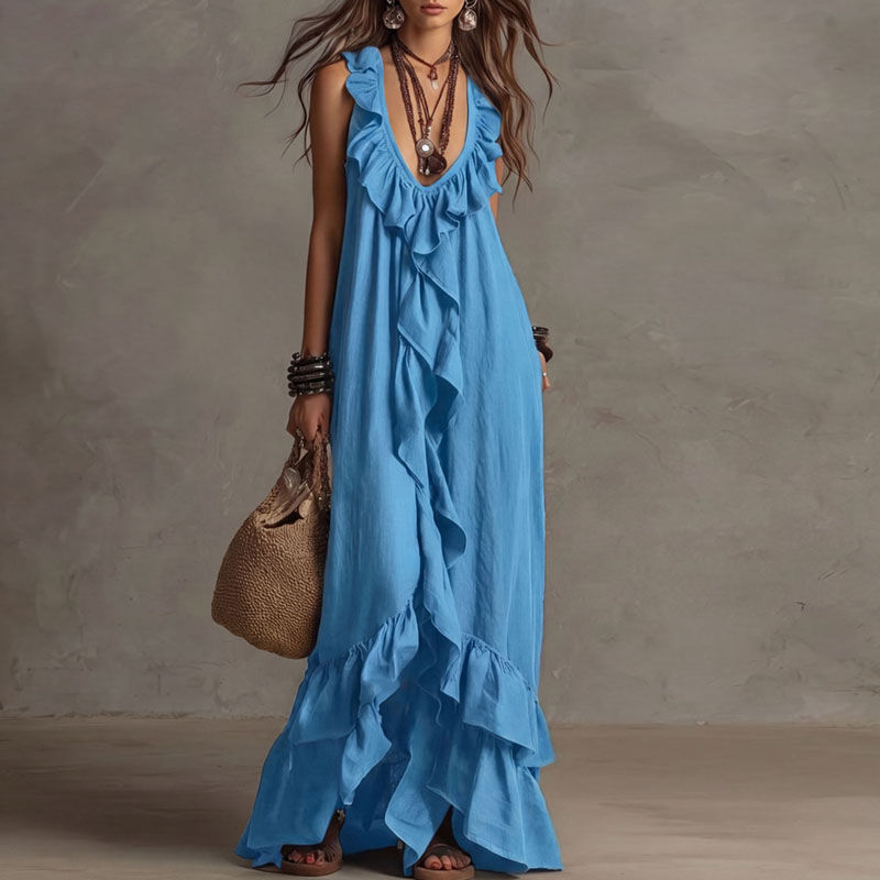 Robe longue maxi bohème à volants et ourlet irrégulier pour femme, col en V profond, ample, sans manches, unie, pour le printemps et l'été, idéale pour les fêtes et la plage, Nouvelle collection