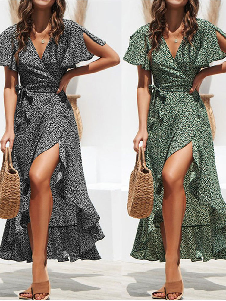 Robe Longue en Mousseline de Soie pour Femme, Imprimé Floral, Style Boho, Maxi, Col Rond en V, Fendue, Décontractée, Sexy, Soirée, Été