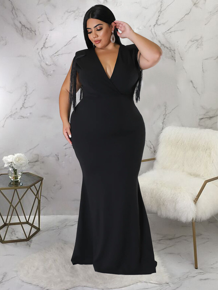 Robe de soirée élégante pour femme, grande taille, sexy, col en V, frange, fibre haute, cocktail, longue, tenues de Rh, 4XL, nouveau