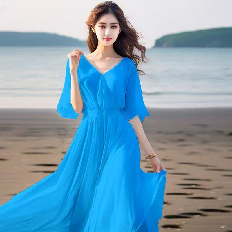 Robe d'été 2026 pour femme, style coréen, en mousseline, manches courtes, maxi, élégante, col en V, tunique décontractée, robes de soirée florales