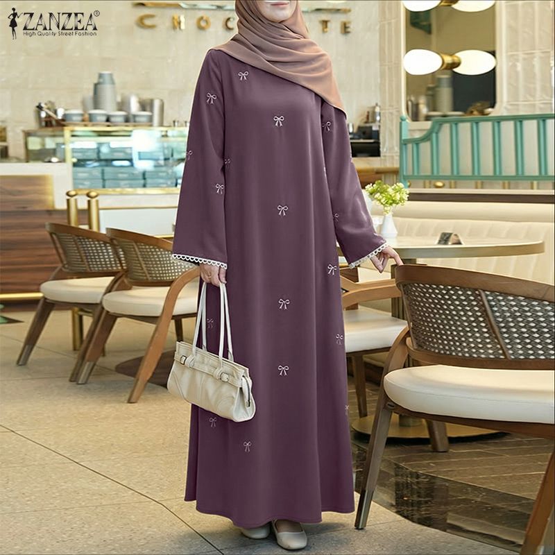 Robe longue ZANZEA musulmane modeste à imprimé nœud, col rond, manches longues, coupe ample, Abaya islamique, Hijabi, Robes de Ramadan pour femme
