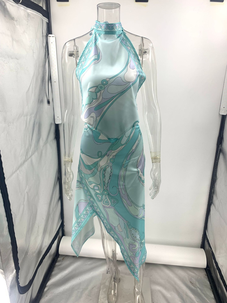 Jupe en Satin élégante pour femmes, ensemble deux pièces imprimé, col suspendu, haut irrégulier, demi-corps, nouvelle mode d'été