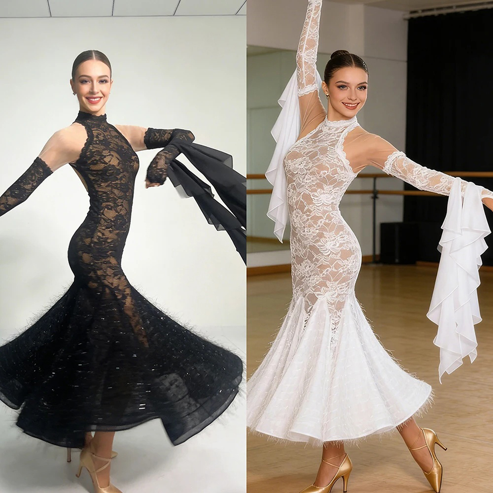 Robe de danse de salon élégante pour femmes, en dentelle blanche, col haut, style sirène, pour la danse de valse, tango moderne, costumes de compétition avec manches à volants