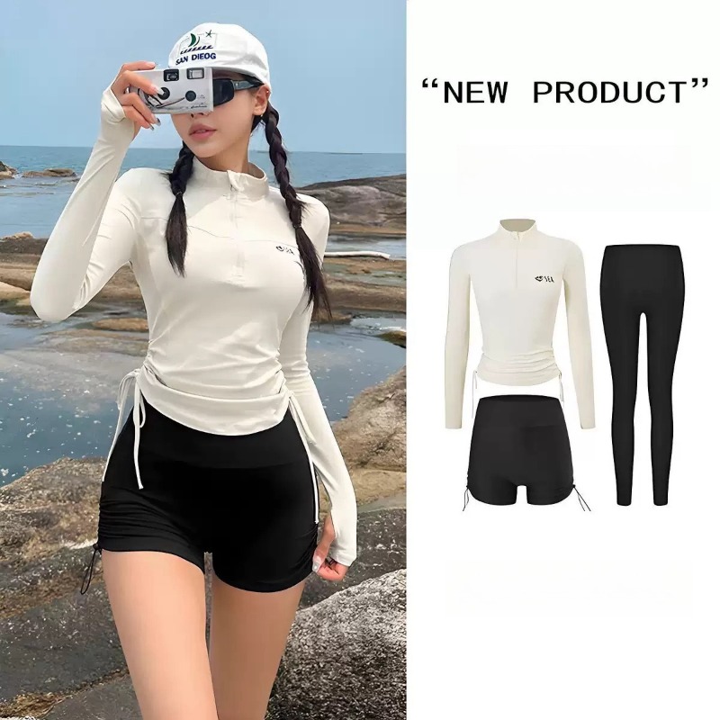 Maillot de bain sportif à manches longues, protection solaire, ensemble deux pièces tendance pour femme, effet amincissant, cordon de serrage, coupe droite