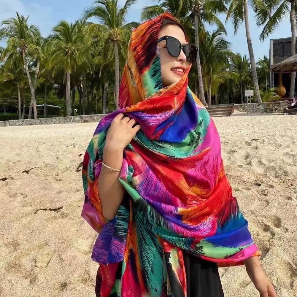 Sarong de plage coloré à imprimé plumes pour femme, grand châle en mousseline de soie anti-UV, écharpe de couverture pour bikini, idéal pour les voyages et la plage