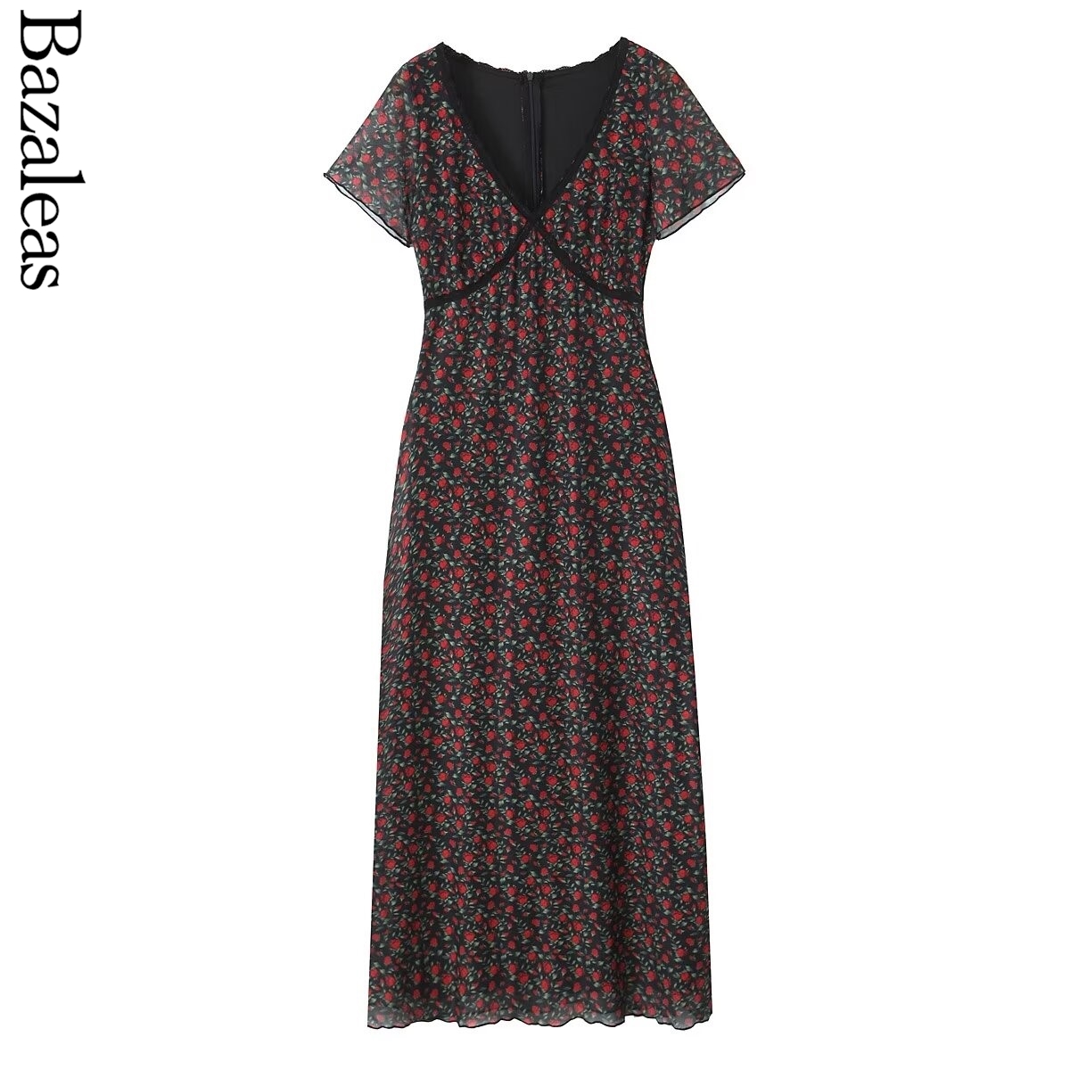 Robe en dentelle élégante pour femmes, col en V, manches courtes, robe de soirée midi, rose, imprimé floral, robes de soirée de vacances, été, 2025