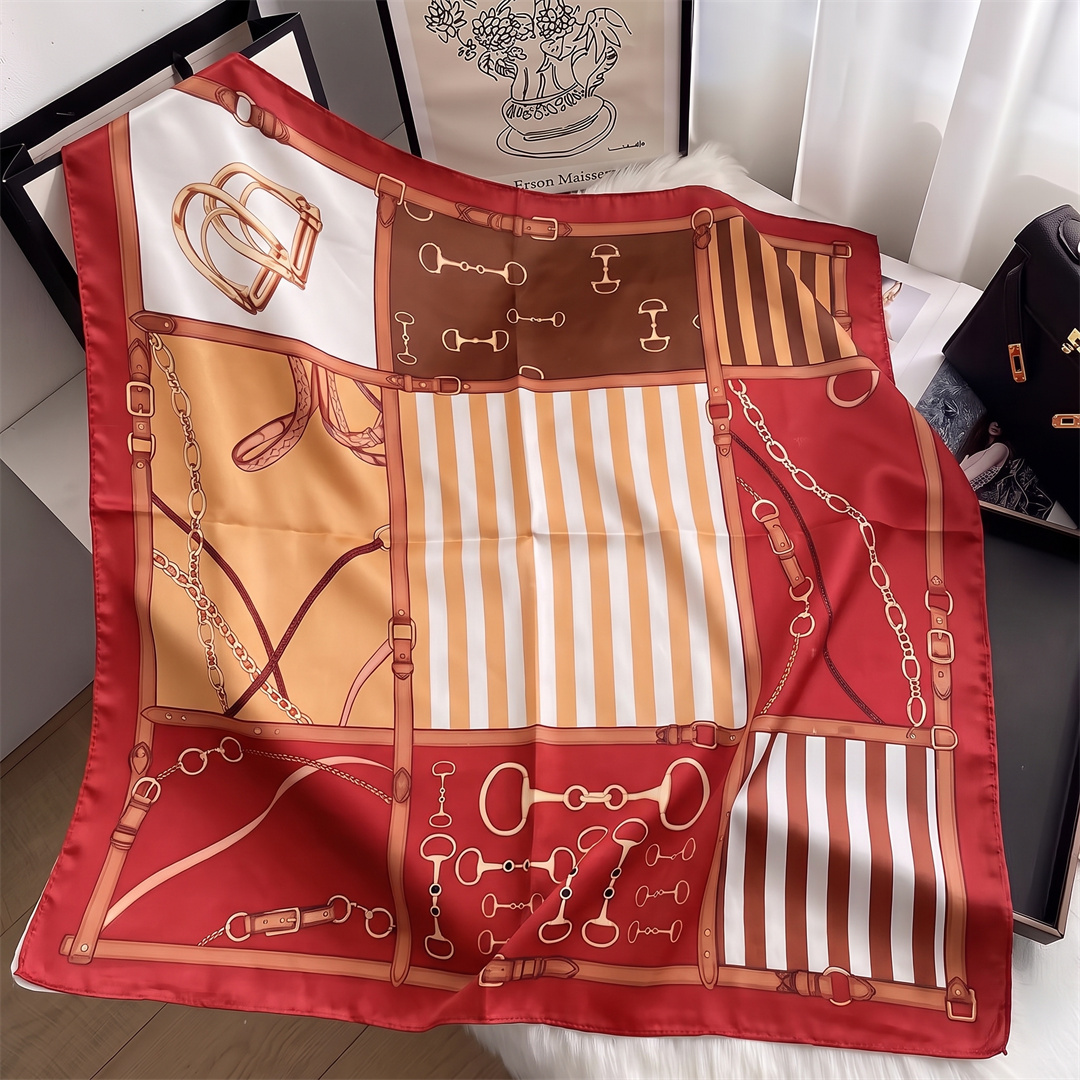 Foulard imprimé chaîne pour femme, 90 cm, en satin de soie, écharpe de tête, foulard carré, bandana pour femme