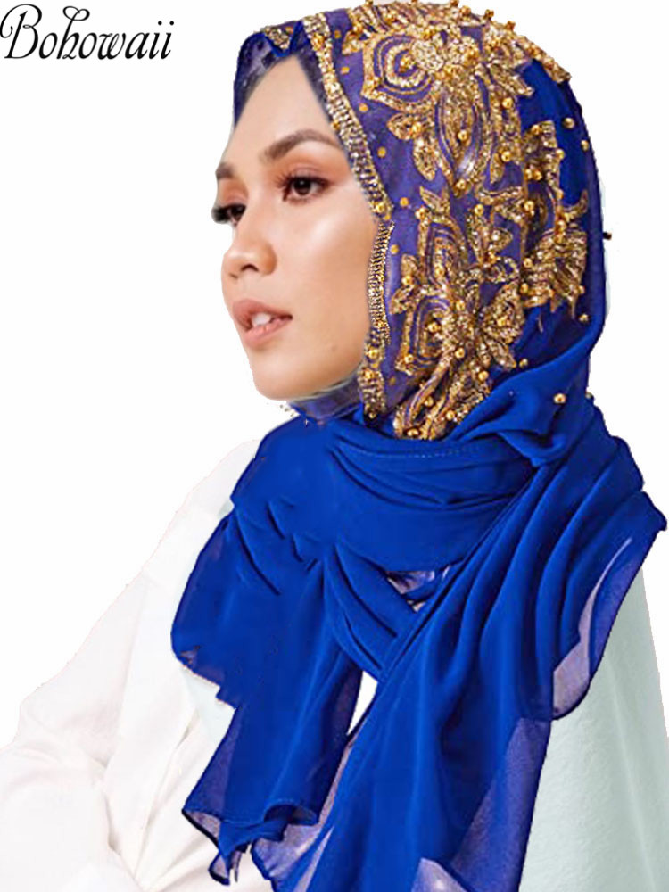 Musulman en mousseline de soie Hijabs Écharpe Turban or paillettes perles Hijab pour Femme Ramadan Foulard Musulmane Pour Femme Longue Foulard