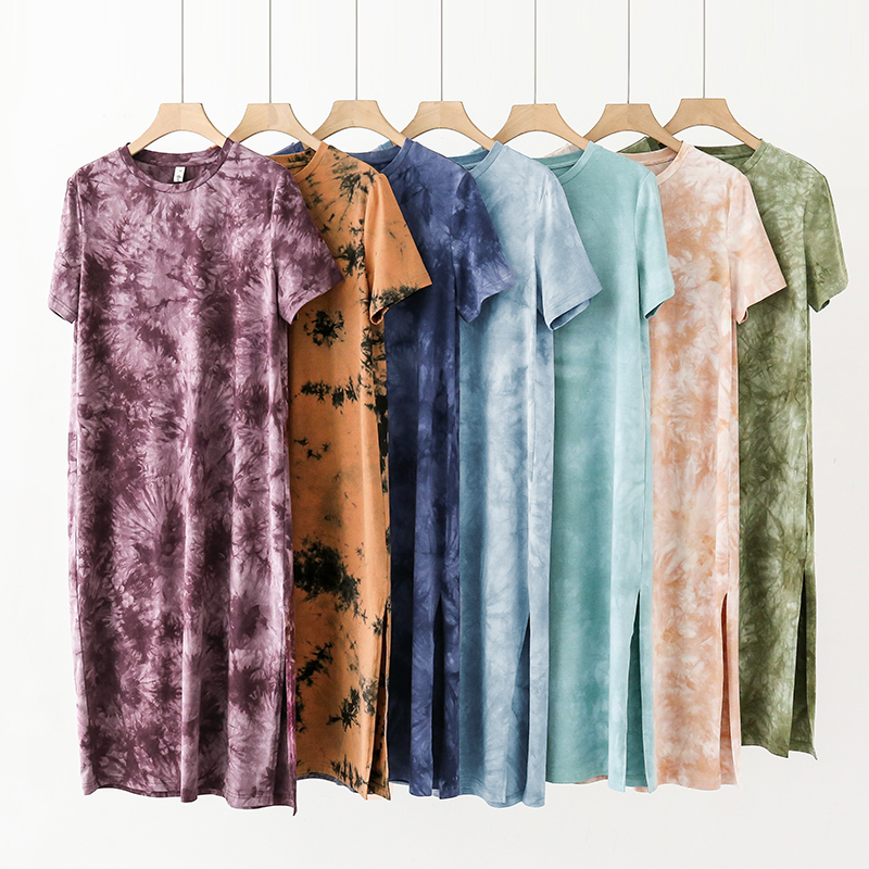Robe d'été décontractée pour femme en 94 % coton, unie, à manches courtes, fendue, longue, style midi, robe de soleil tendance, vêtement féminin