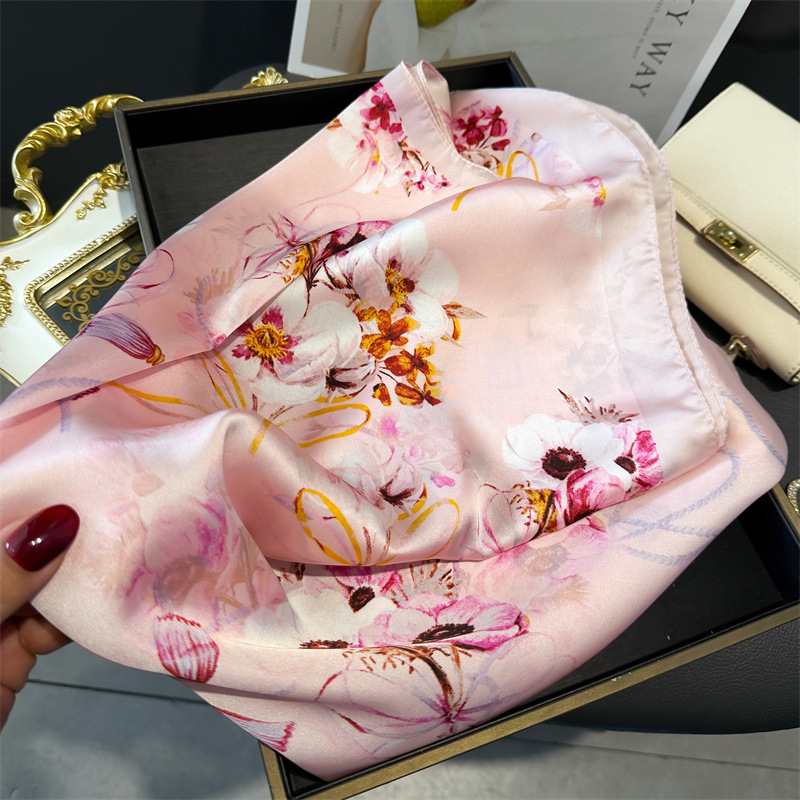 Foulard carré floral 70x70cm pour femme, en satin, pour le cou, les cheveux, bandana, écharpe de plage, hijab, pareo