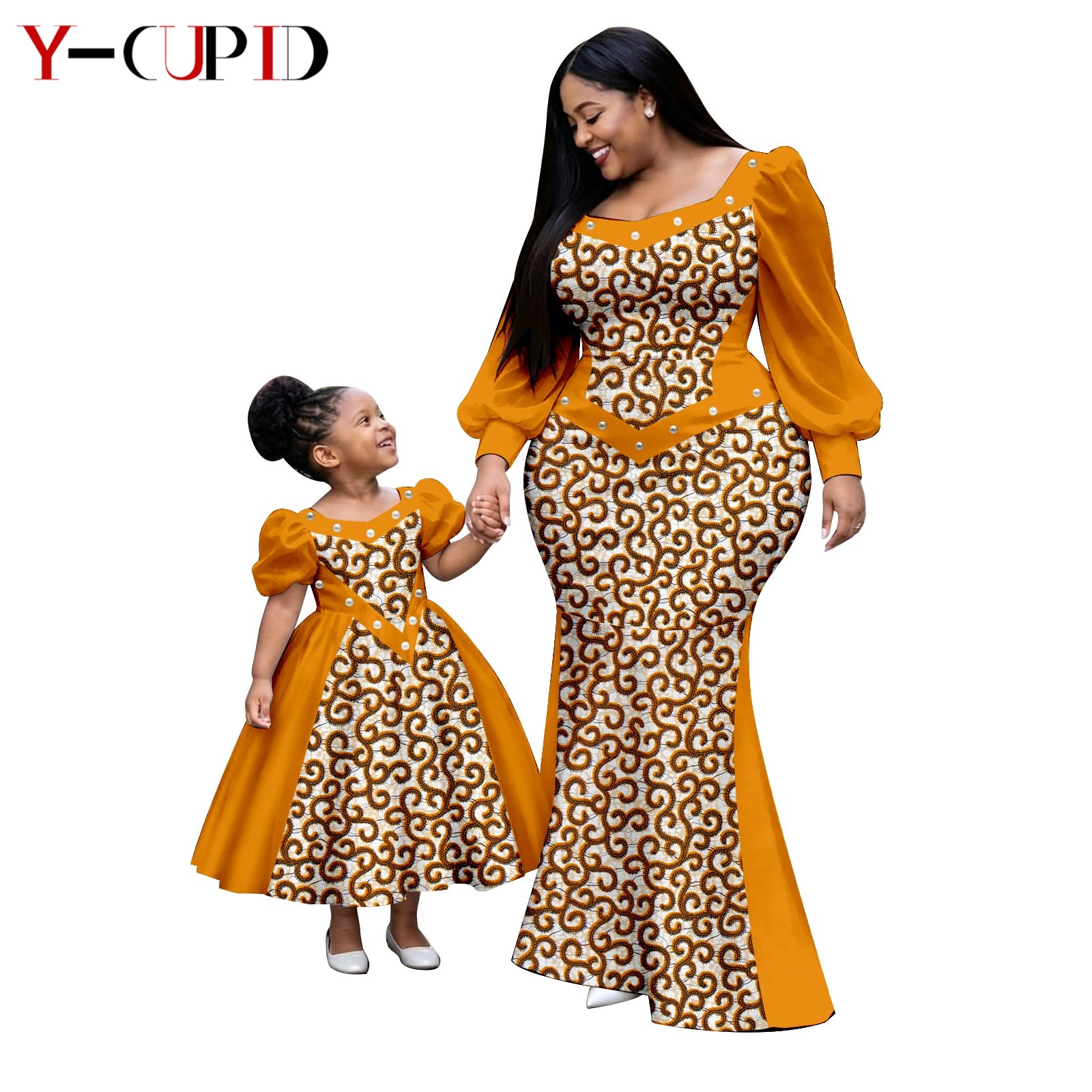 Robes tutu à manches à volants imprimées africaines pour femmes et filles, tenues Dashiki mère-fille, vêtements de famille 26F011