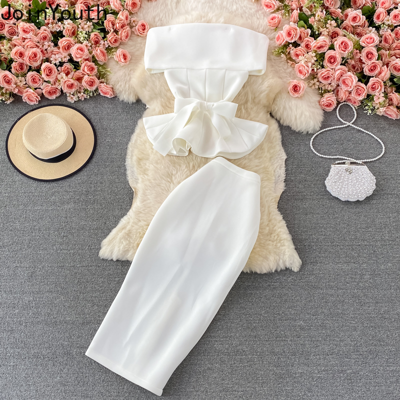 Costume jupe pour femmes, ensemble deux pièces, col Slash, Bandage, nœud, volants, haut court, taille haute, jupes moulantes, tenues d'été Sexy