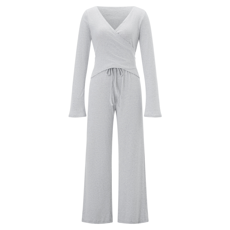 Ensemble de salon Vintage pour femmes, tenue 2 pièces, col en V, cravate à la taille, T-shirt + pantalon à taille élastique, haut court à manches longues, automne