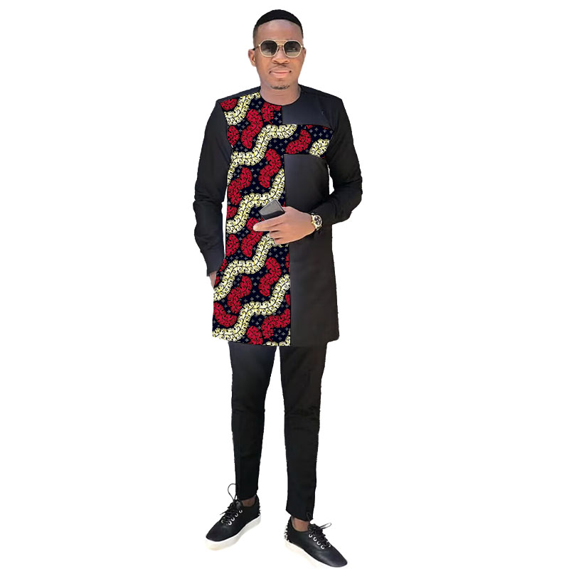 Ensemble noir de Couture africaine pour hommes, hauts en Patchwork avec pantalon, mode nigériane, Design Original, vêtements de fête, costume de marié