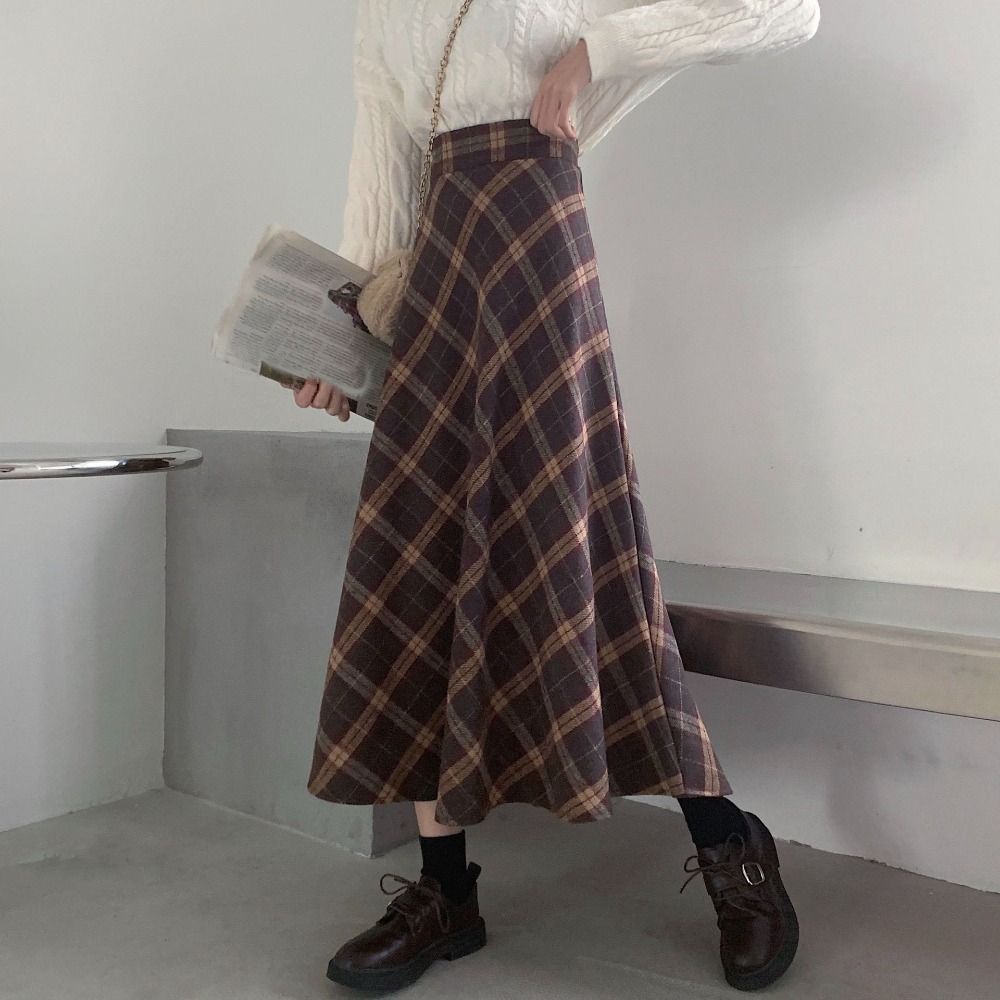 Jupe longue élégante taille haute à carreaux rétro, style preppy, coupe ajustée, coupe trapèze, pour l'hiver et l'automne, idéale pour les fêtes