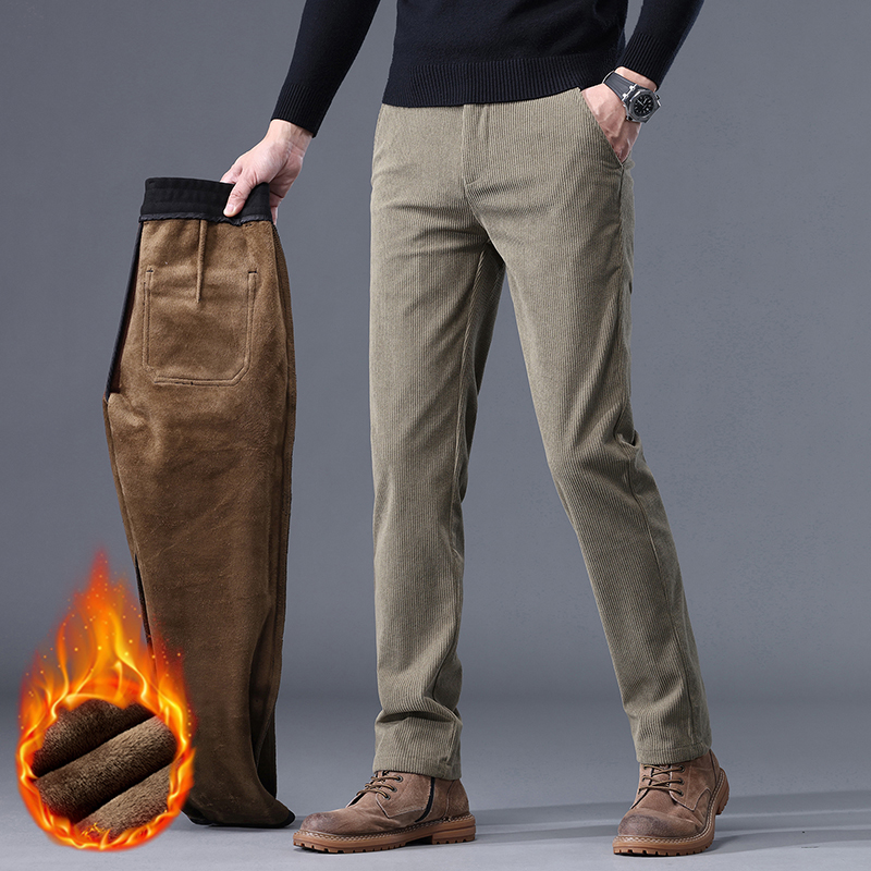 Kaki noir gris polaire hommes velours côtelé pantalons décontractés Chenille épais Stretch pantalon d'affaires taille moyenne marque hiver pantalon thermique