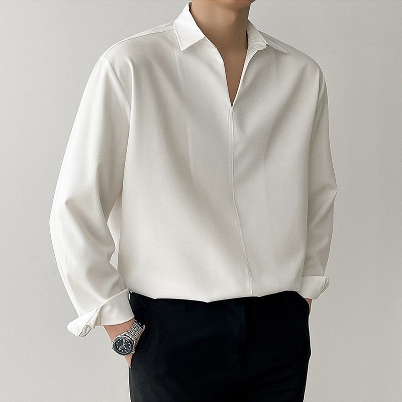 Nouveau coréen col en V hommes chemises de luxe décontracté Style tombant mince couleur unie à manches longues pull Blouse de haute qualité haut d'automne
