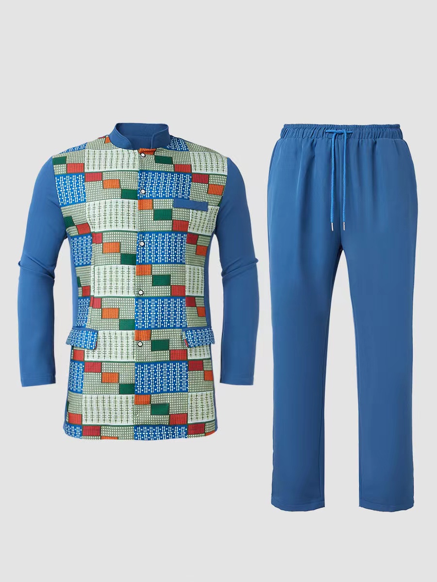 Ensemble caftan africain pour hommes, chemisier et pantalon à manches longues et col rond, costume 2 pièces élégant pour fête de mariage musulmane