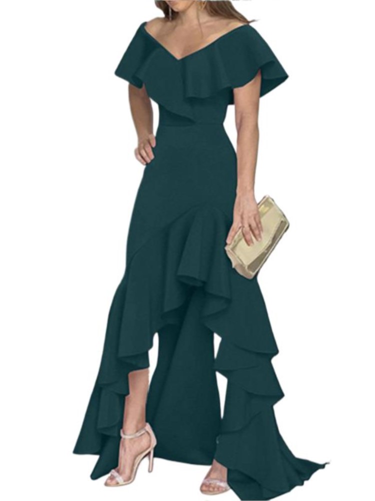 Robe longue de soirée élégante pour femmes, mode élégante, col en V, Slim, portefeuille aux hanches, couleur unie, manches à volants, été, 2025