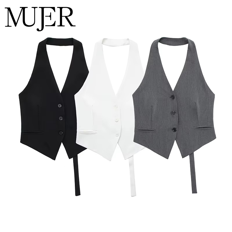 MUJER épaules dénudées gilet sans manches femmes noir blanc recadrée gilet femme mode dos nu col en V manteaux courts gilet d'été