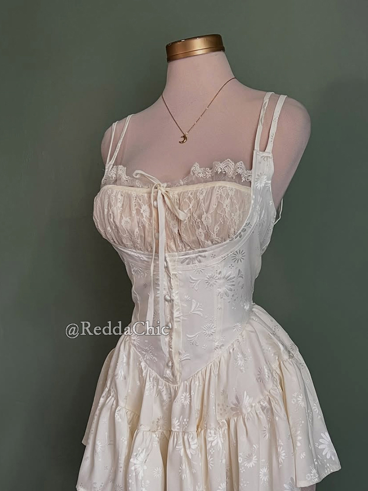 REDDACHiC Mini-robe rétro médiévale en satin et short en dentelle, combinaison-camisole corset fleuri style coquette, pour rendez-vous, soirée, été, vêtements pour femmes